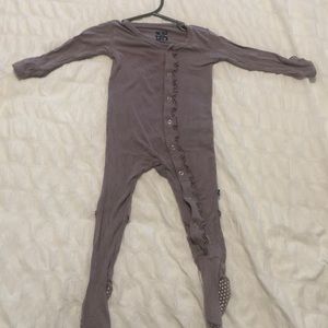 Lavender grey kickee pants one piece with ruffles